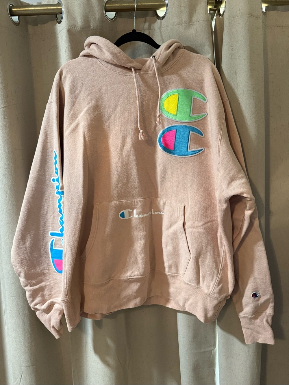 Like NEW Unisex Champion Pastel Pink Hoodie with Neon Patch Logos
